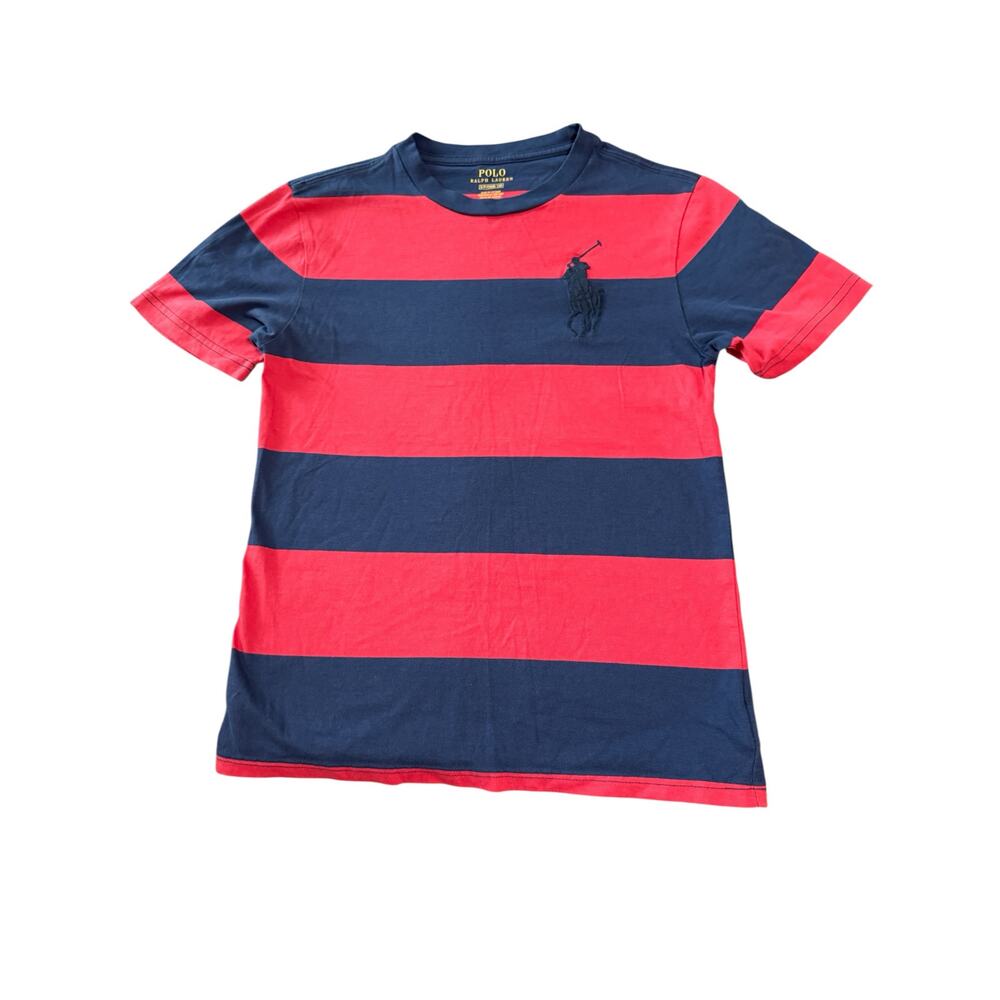 Polo Ralph Lauren Size Small Boy‎ Pony Big Logo Red Blue Striped Crew Neck Tee